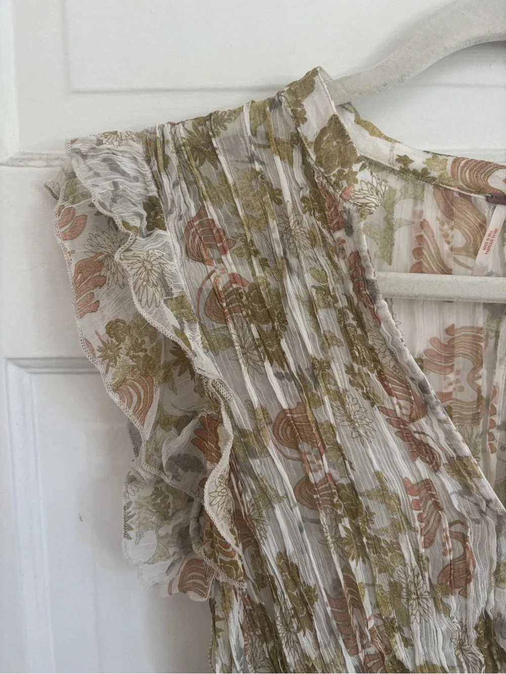 Free People Floral Smocked Flowy Layer in Cream, Olive & Blush